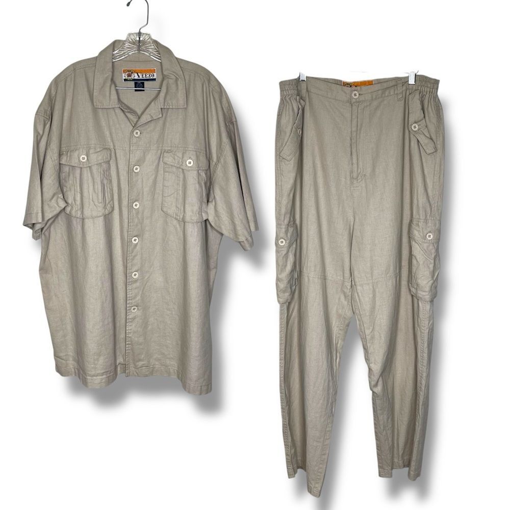 VTG Veezo Linen Blend Cargo Pant Camp Shirt 2 Piece Tan Set Men 2XL Safari Y2K